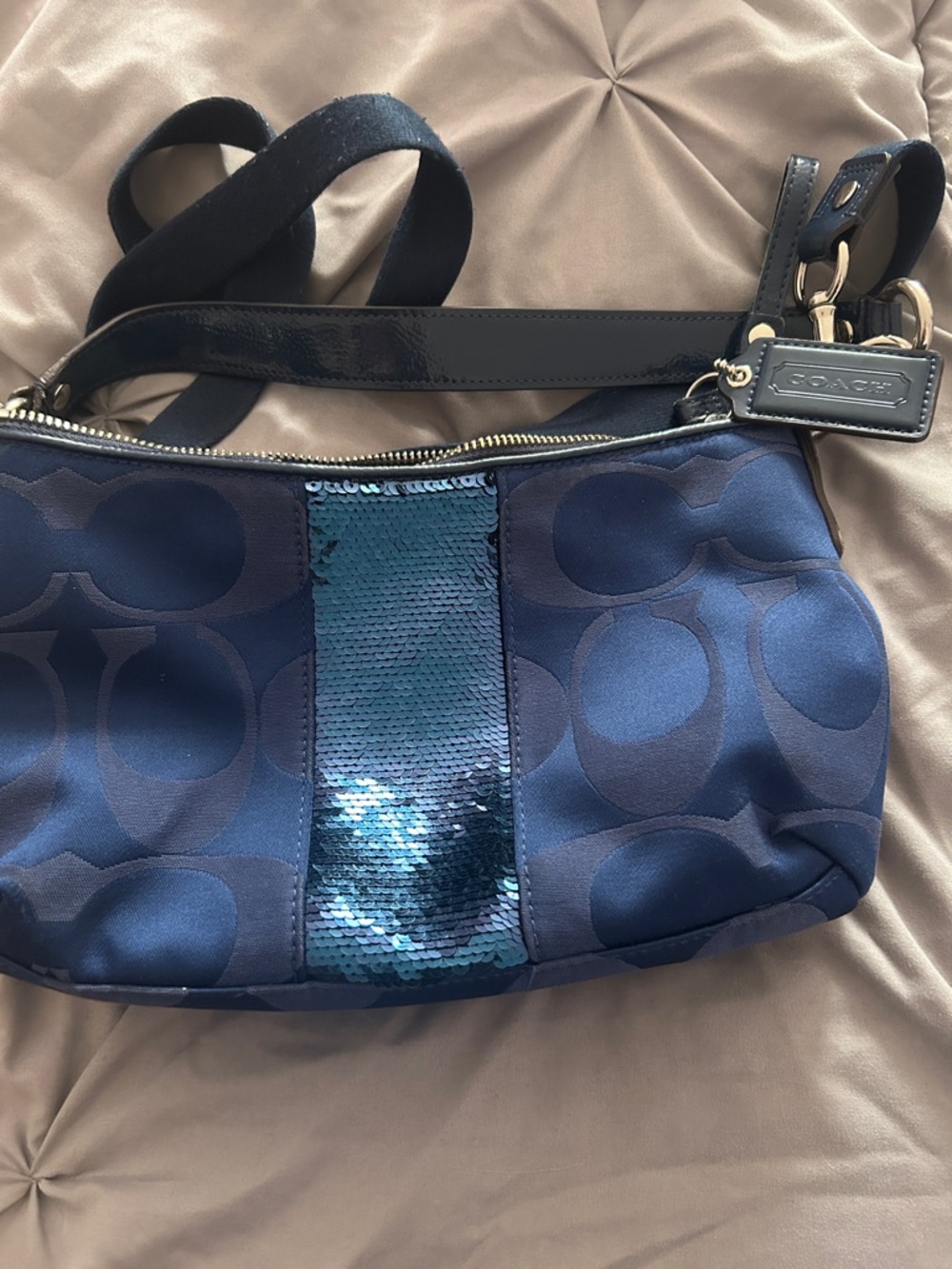 Coach Navy Signature Crossbody with Blue Sequin Stripe